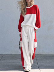 Fashionable Sporty Red And White Color-blocked Sweatshirt And Pants Set