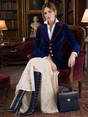 Casual Retro Color-blocked Royal Blue Velvet Blazer