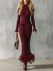 Retro Elegant Burgundy Round Neck Long-sleeved Tassel Pocket Knit Maxi Dress