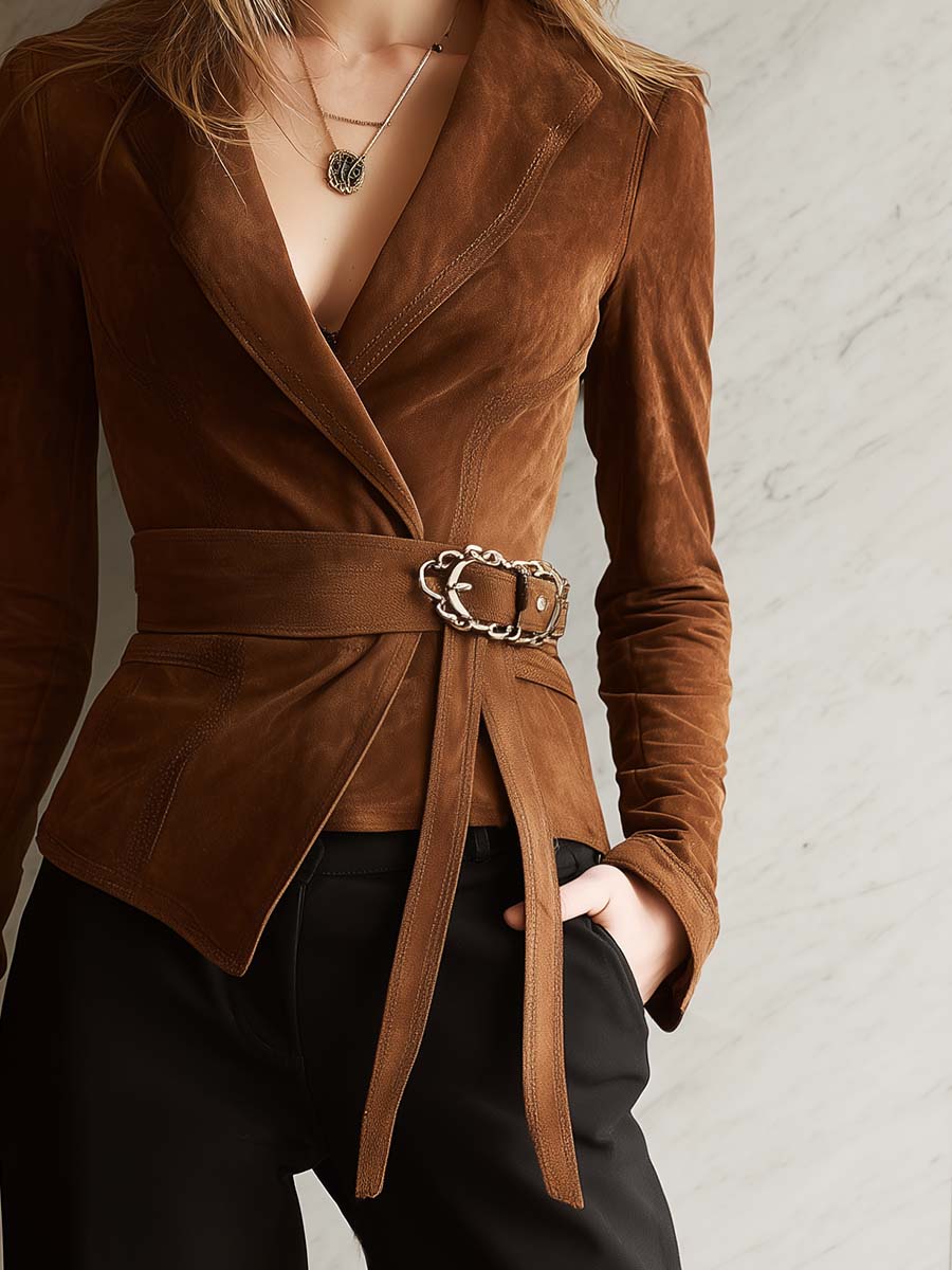 Elegant Retro Lapel Collar Tie-Front Brown Faux Suede Jacket