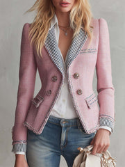 Elegant Vintage Striped Lapel Double-Breasted Pink Tweed Blazer Jacket