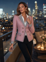 Elegant Vintage Striped Lapel Double-Breasted Pink Tweed Blazer Jacket