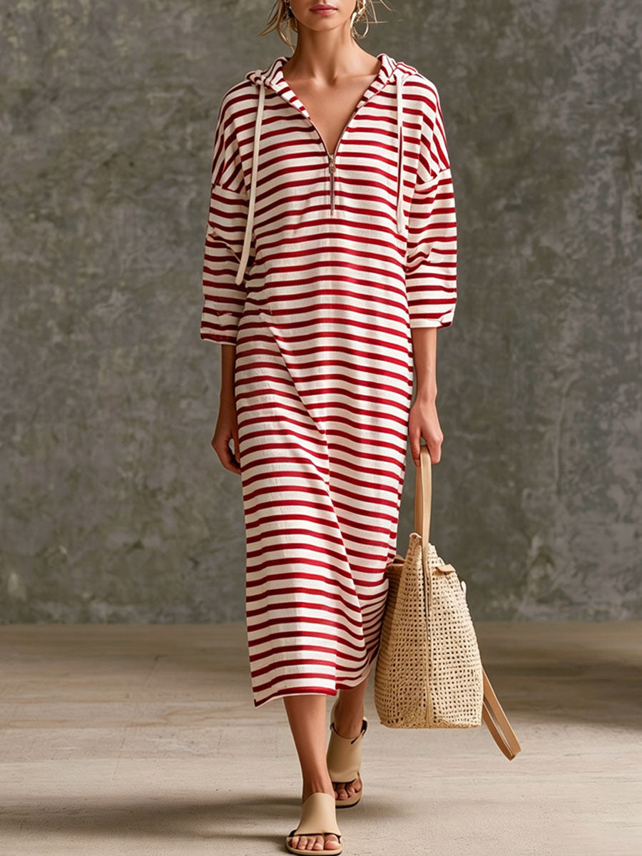 Casual Sporty Retro Black And White Striped Pure Cotton Hooded Midi Dress