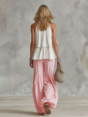 Pink cotton-linen pleated trousers