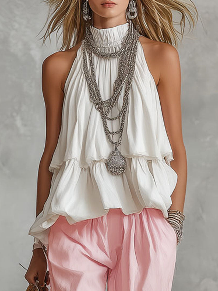 Cotton Turtleneck Sleeveless Top And Pants Set