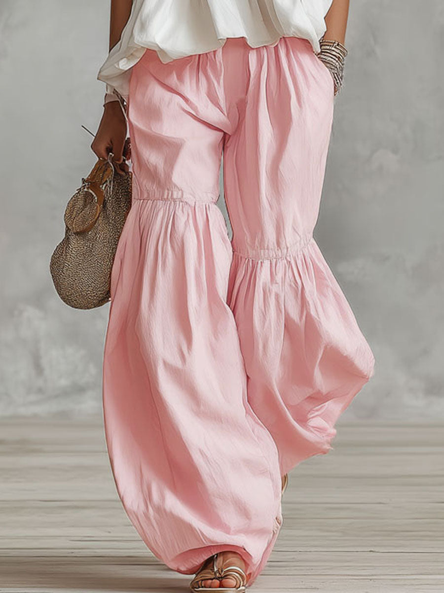 Pink cotton-linen pleated trousers
