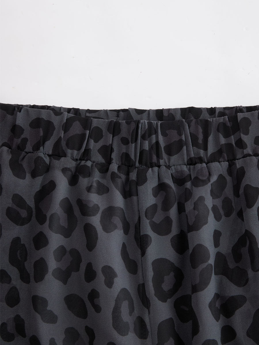 Leopard Print Chiffon Short-sleeved Top And Trousers Set