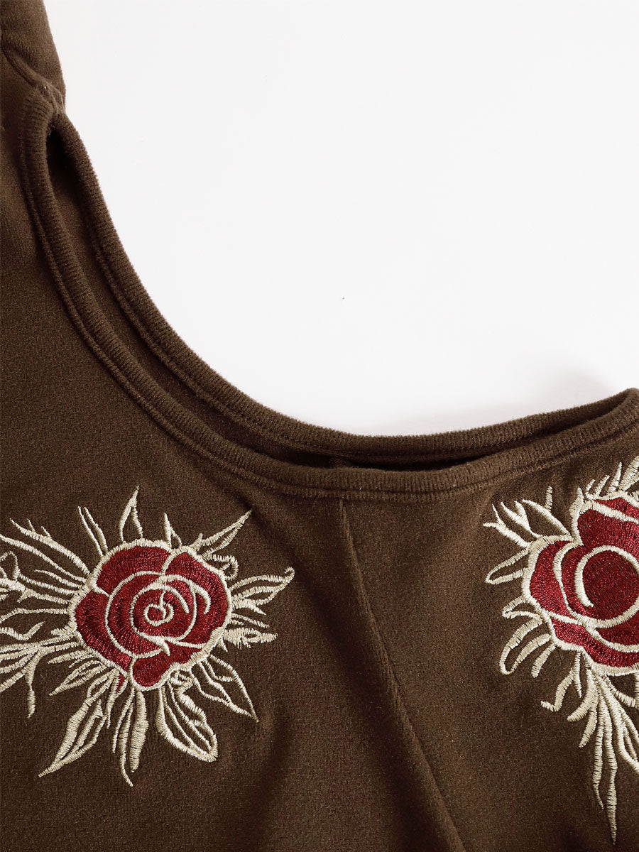 High-neckoff-shoulder Rose-embroidered All-cotton Long-sleeved T-shirt