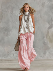 Pink cotton-linen pleated trousers