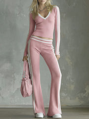 Color-blocked V-neck Long-sleeved Top And Trousers Ribbed Set