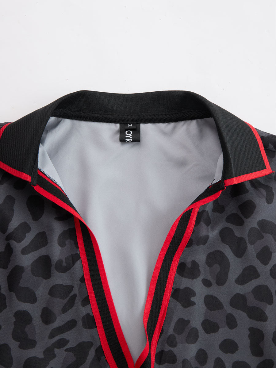Leopard Print Chiffon Short-sleeved Top And Trousers Set