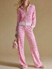 Elegant And Retro Color-blocked Leopard Print Knitted Top And Pants Set.