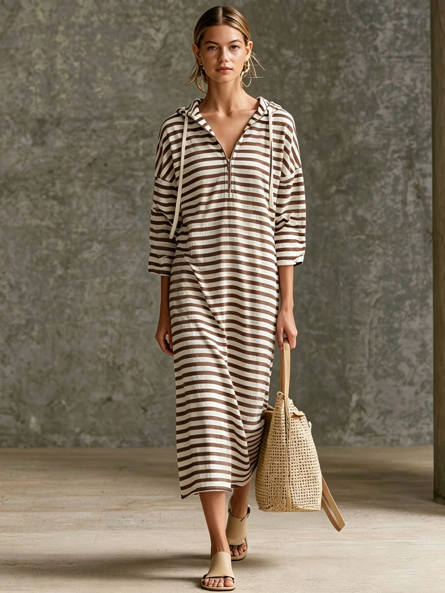 Casual Sporty Retro Black And White Striped Pure Cotton Hooded Midi Dress
