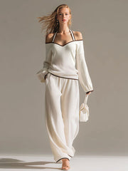 Elegant Color-blocked White Halter-neck Long-sleeved Knit Top And Pants Set