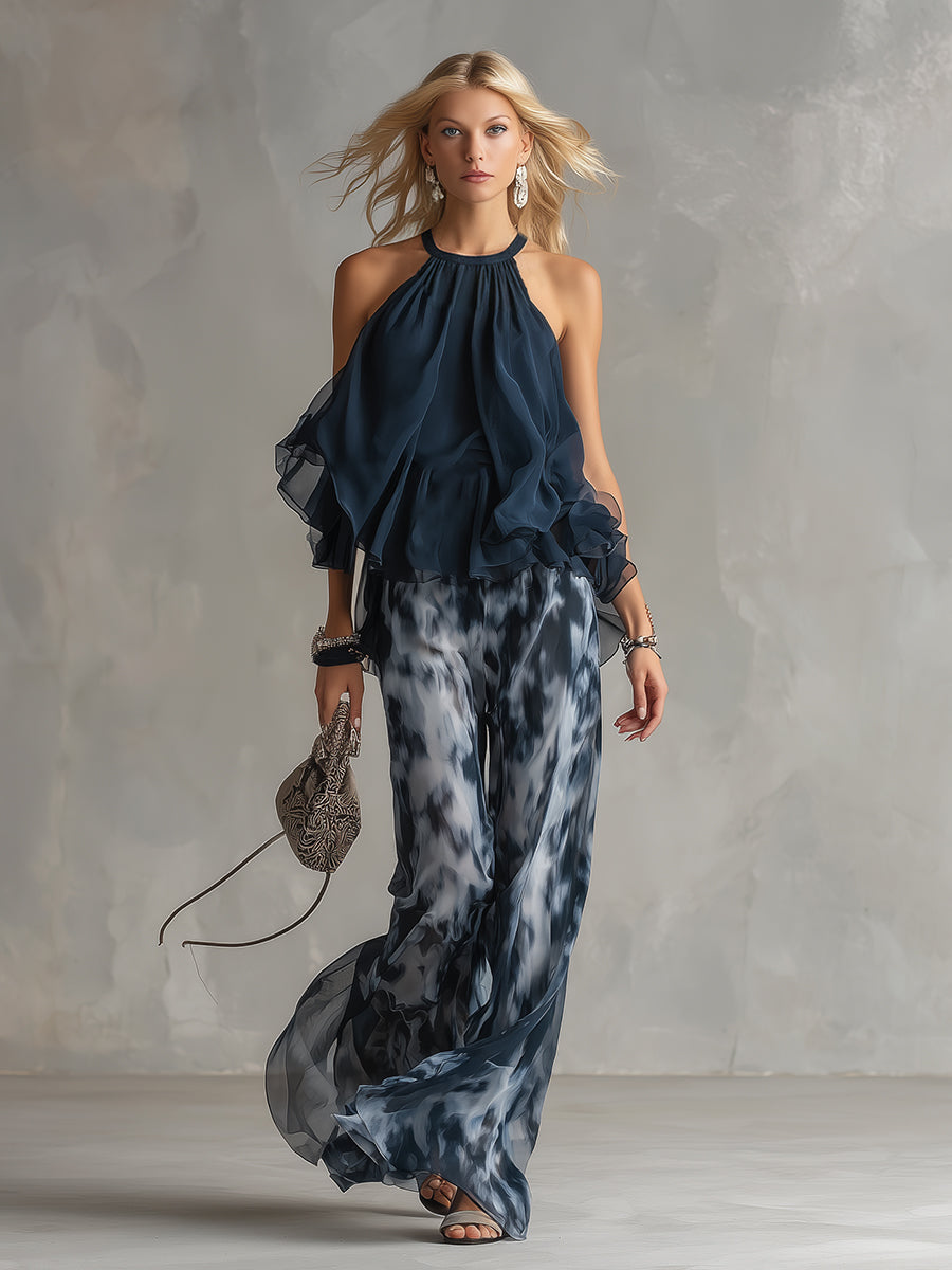 Elegant Urban Navy Blue Halter Neck Top