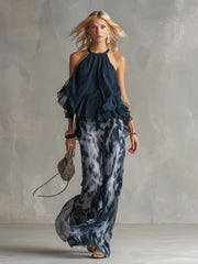 Elegant Urban Navy Blue Halter Neck Top
