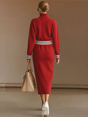 Casual Sporty Half-zip Black And White Striped Red Cotton Midi Dress