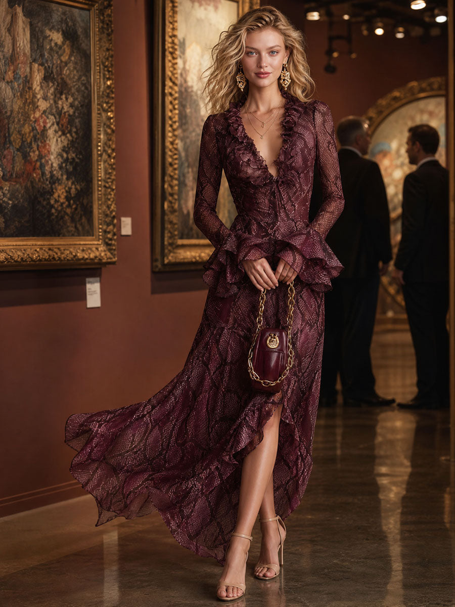 Elegant And Fashionable Burgundy Chiffon Snakeskin Pattern Ruffled Long-Sleeved Maxi Dress