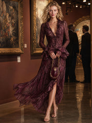 Elegant And Fashionable Burgundy Chiffon Snakeskin Pattern Ruffled Long-Sleeved Maxi Dress