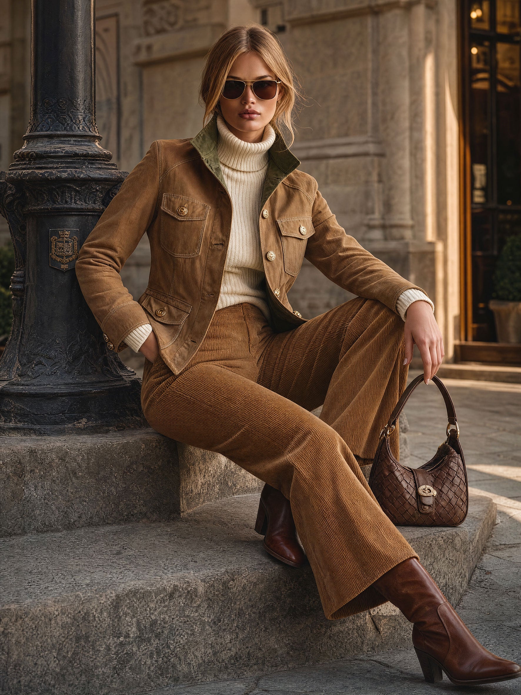 Casual Retro Color-blocked Cotton Multi-pocket Camel Work Jacket