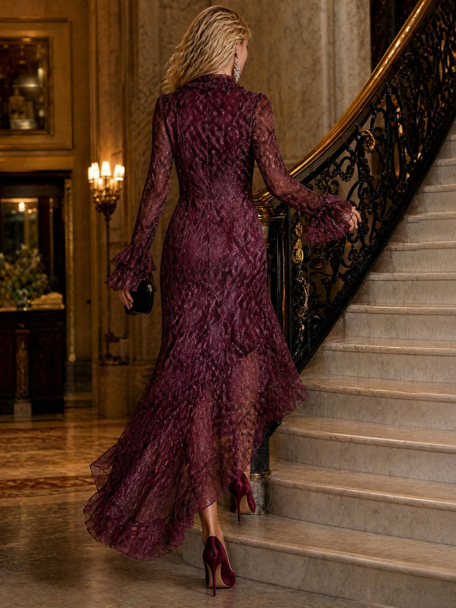 Elegant And Fashionable Burgundy Chiffon Snakeskin Pattern Ruffled Long-Sleeved Maxi Dress