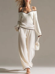 Elegant Color-blocked White Halter-neck Long-sleeved Knit Top And Pants Set