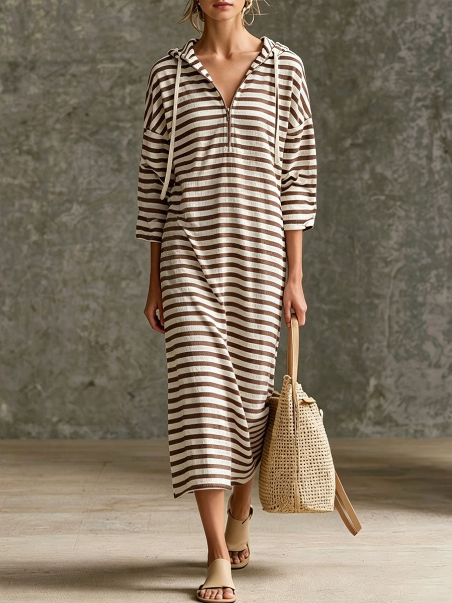 Casual Sporty Retro Black And White Striped Pure Cotton Hooded Midi Dress