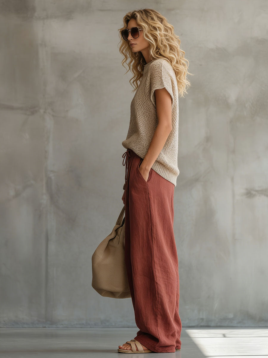 Retro Short-sleeved Knit Top And Brick Red Cotton Linen Wide-leg Pants Set