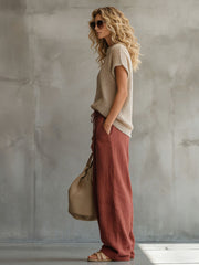 Retro Short-sleeved Knit Top And Brick Red Cotton Linen Wide-leg Pants Set