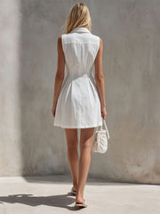 Casual Retro White Sleeveless Collared Button-down Pleated Cotton Linen Mini Dress