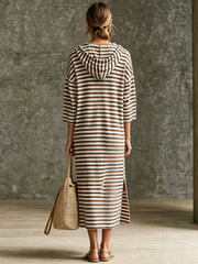 Casual Sporty Retro Black And White Striped Pure Cotton Hooded Midi Dress