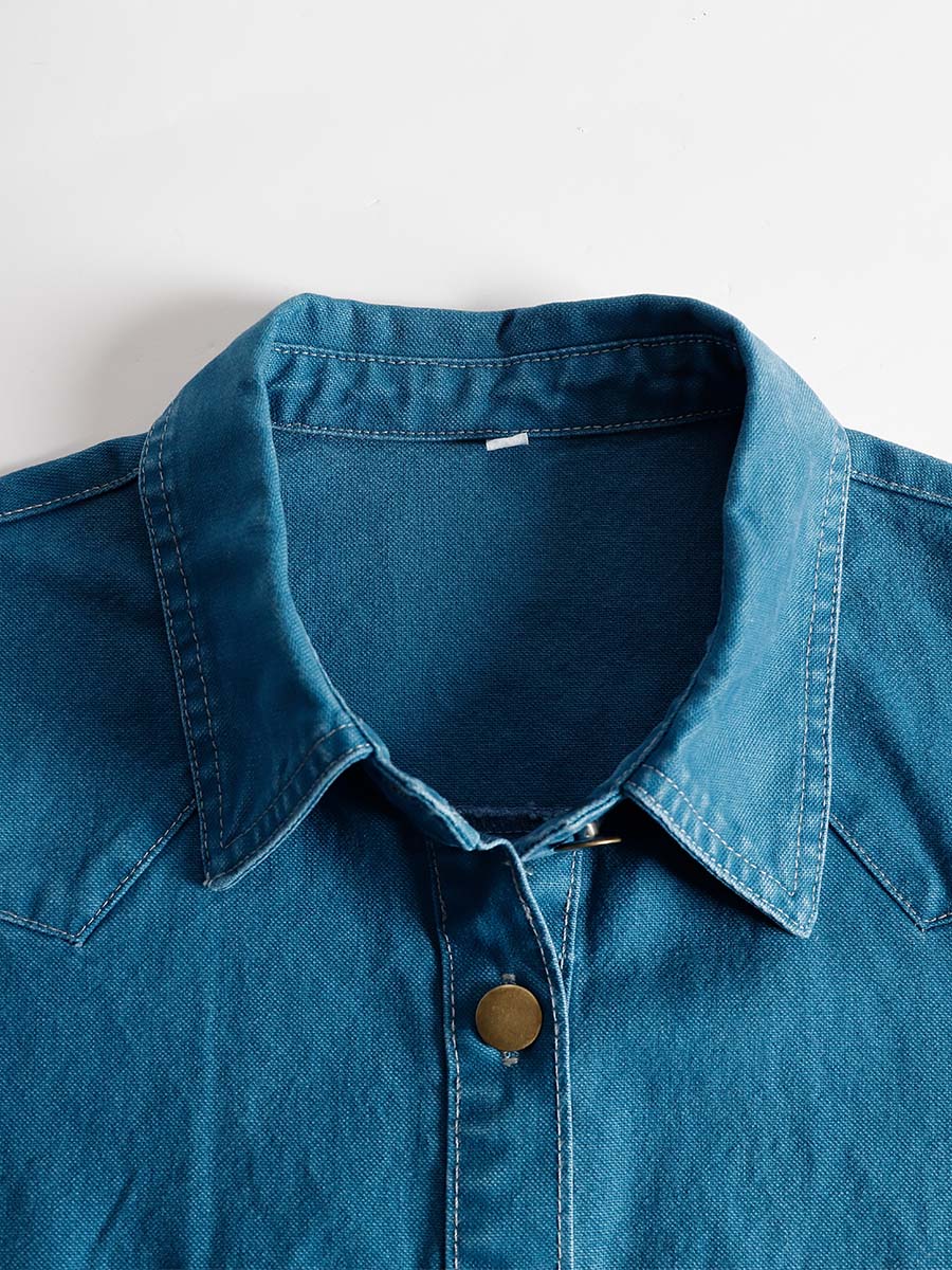 Exquisite Fashionable Front Button V-neck Short-sleeved Outer Cover Organza Blue Denim Maxi Dress