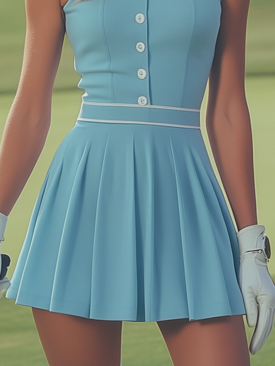 Elegant Sports White Button Detail Baby Blue Sleeveless Mini Dress