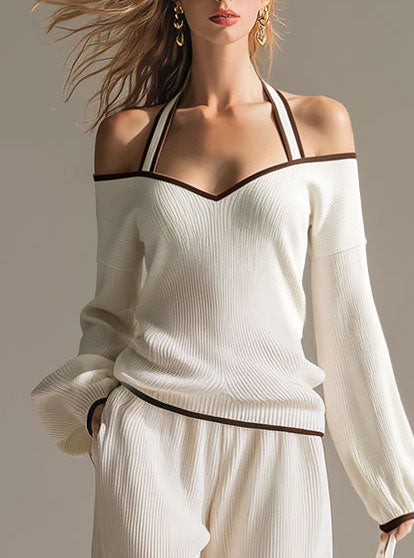 Elegant Color-blocked White Halter-neck Long-sleeved Knit Top And Pants Set