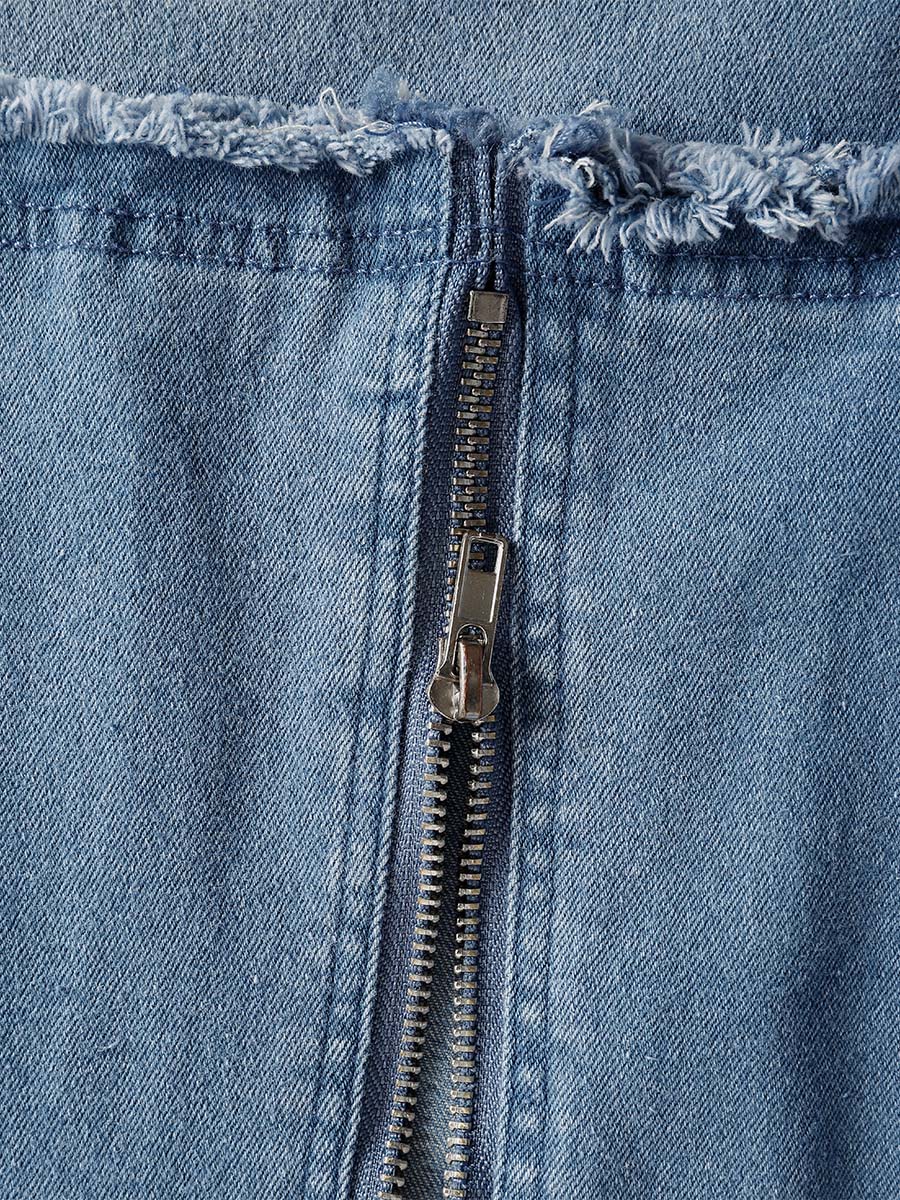 Exquisite Vintage Casual Hooded V-neck Zipper Side Slits Buttons Blue Denim Midi Dress
