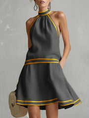 Elegant Color-Block Trim Orange Cotton-Linen Halter Sleeveless Mini Dress