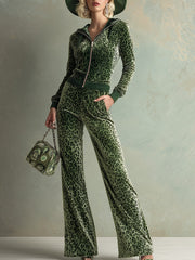 Retro Elegant Green Leopard Print Hooded Velvet Jumpsuit