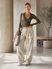 Retro Sporty Olive Ruched Zip Top Camo Wide-Leg Cargo Pants Two-Piece Set