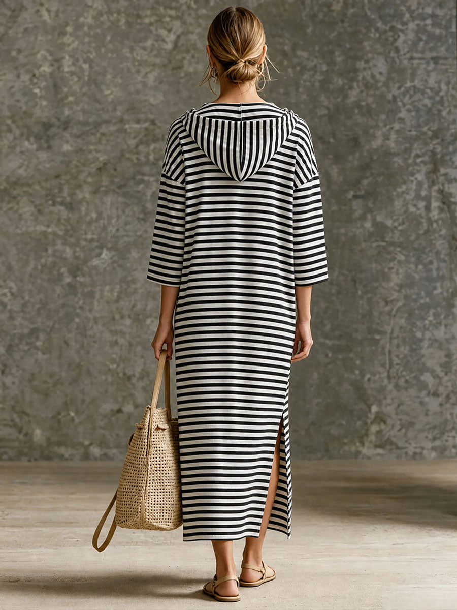 Casual Sporty Retro Black And White Striped Pure Cotton Hooded Midi Dress