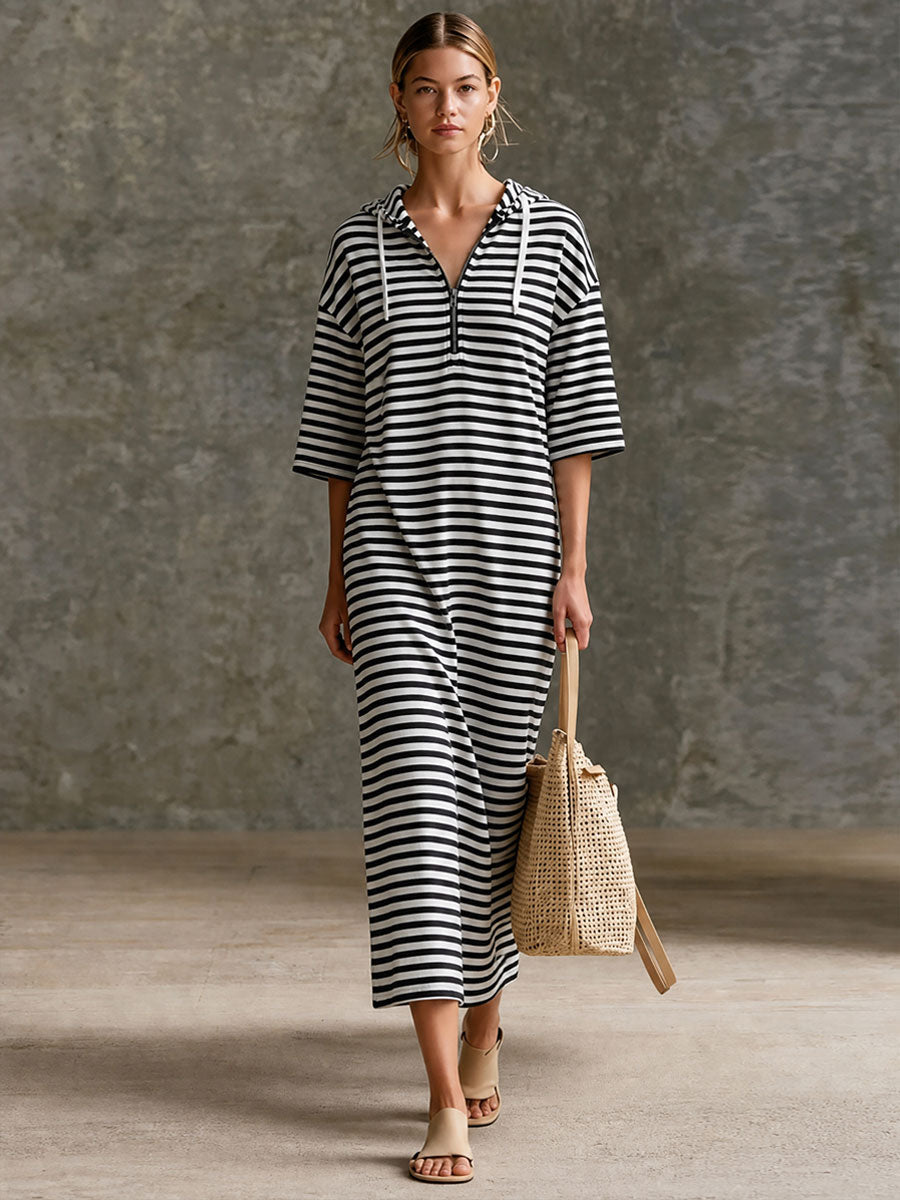 Casual Sporty Retro Black And White Striped Pure Cotton Hooded Midi Dress