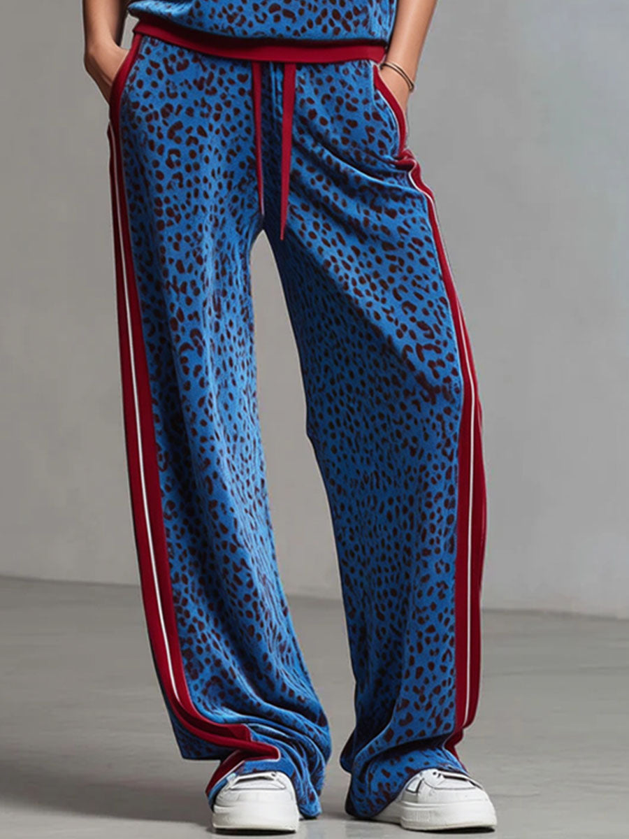 Leopard Print Hooded Sleeveless Top And Velvet Trousers Set