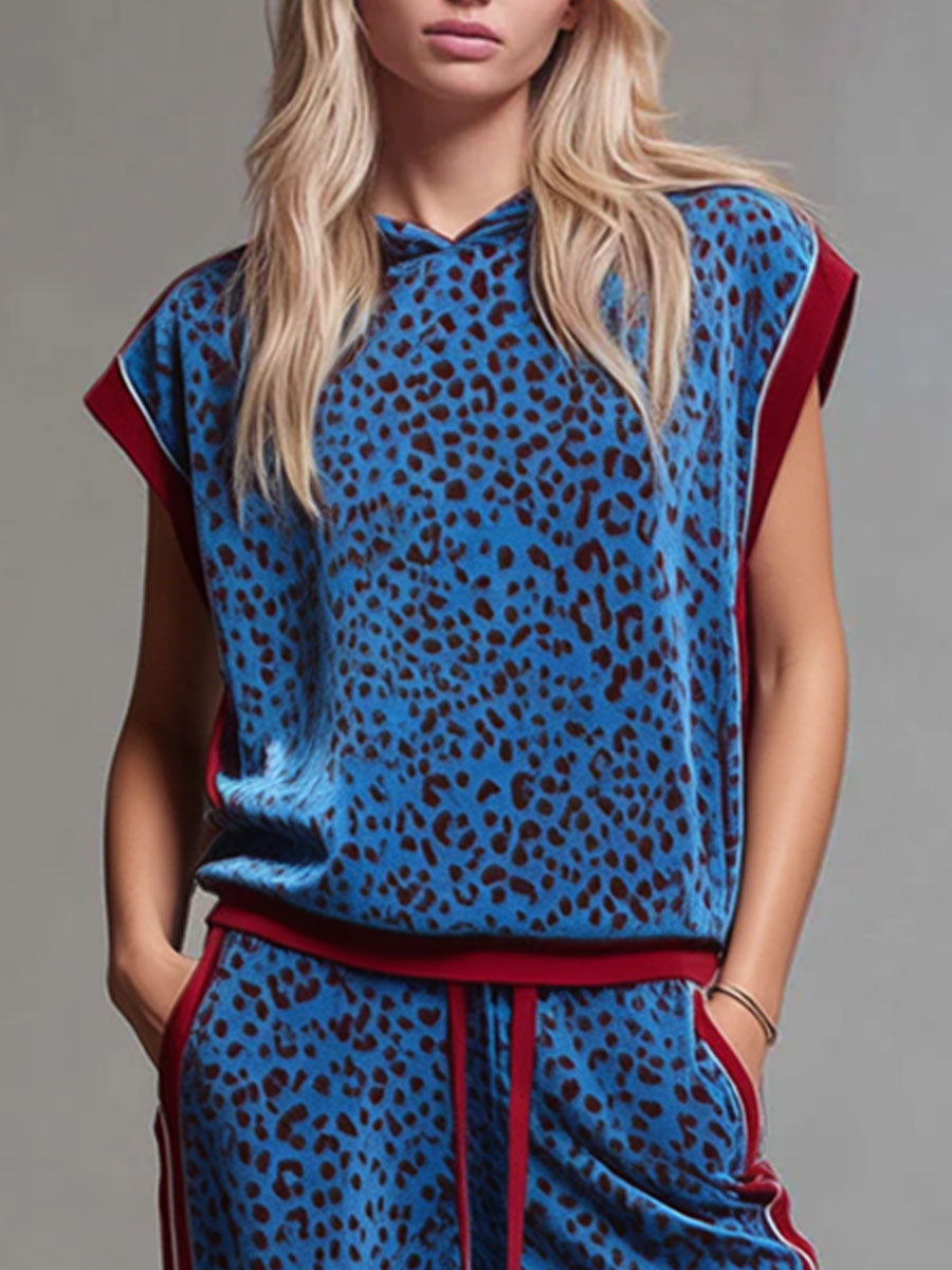 Leopard Print Hooded Sleeveless Top And Velvet Trousers Set