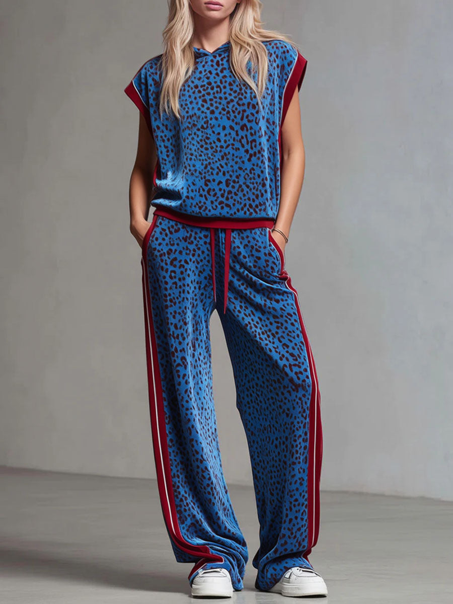 Leopard Print Hooded Sleeveless Top And Velvet Trousers Set