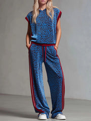Leopard Print Hooded Sleeveless Top And Velvet Trousers Set