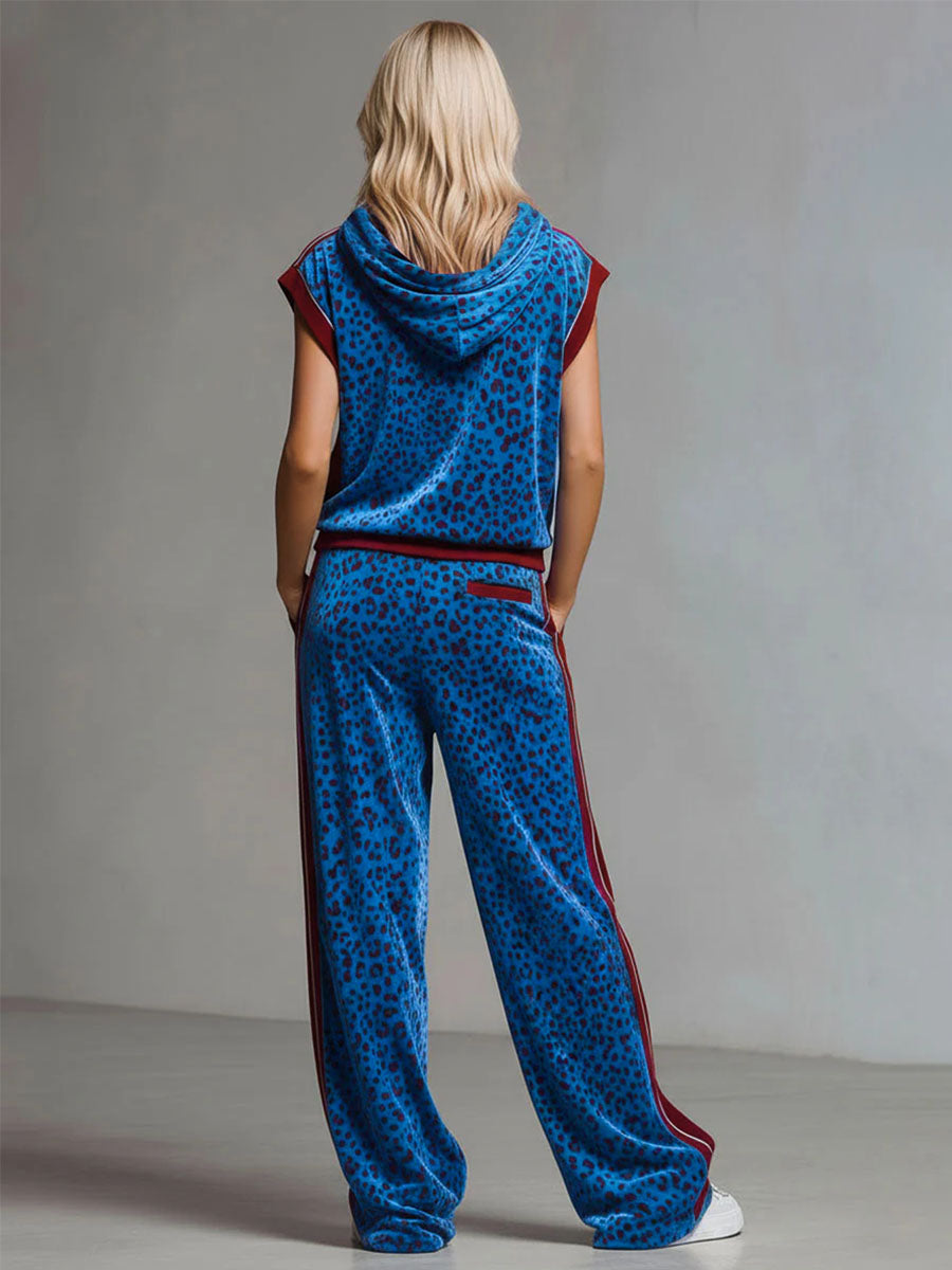 Leopard Print Hooded Sleeveless Top And Velvet Trousers Set