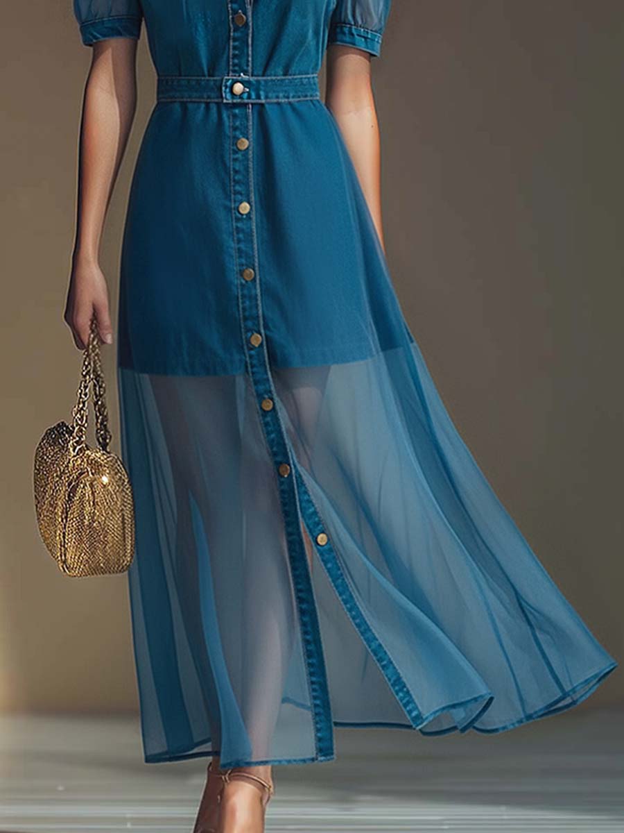 Exquisite Fashionable Front Button V-neck Short-sleeved Outer Cover Organza Blue Denim Maxi Dress