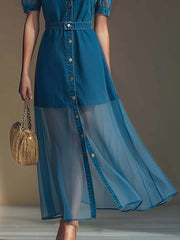Exquisite Fashionable Front Button V-neck Short-sleeved Outer Cover Organza Blue Denim Maxi Dress