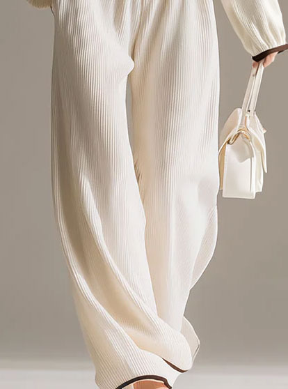 Elegant Color-blocked White Halter-neck Long-sleeved Knit Top And Pants Set