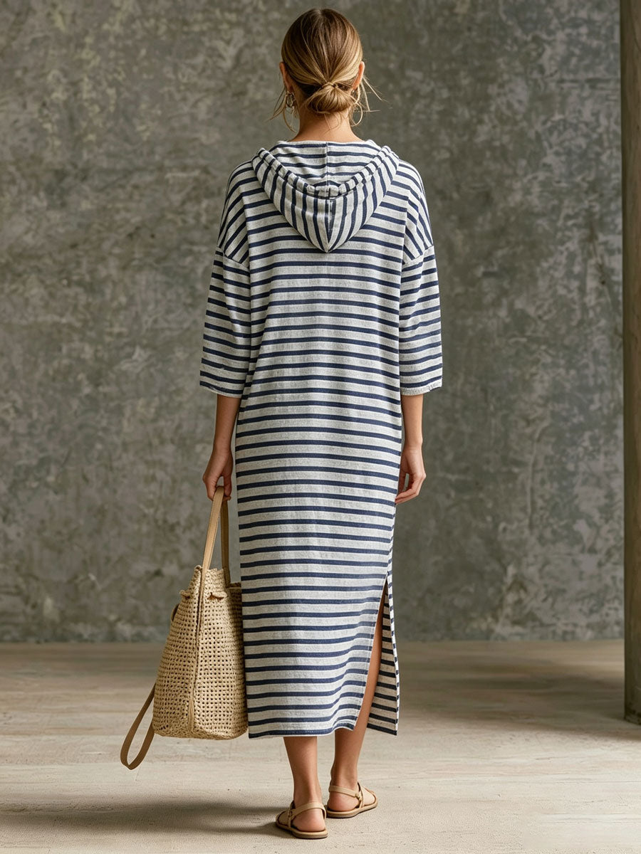 Casual Sporty Retro Black And White Striped Pure Cotton Hooded Midi Dress