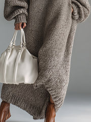 Elegant Urban Silhouette Round Neck Heathered Khaki Knitted Maxi Dress